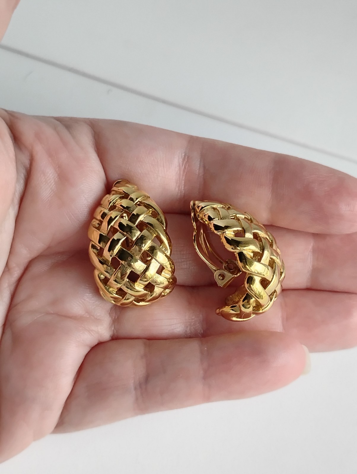 VTG Givenchy Clip On Earrings Lg Tapered Basket Weave Goldtone Signed France 1″