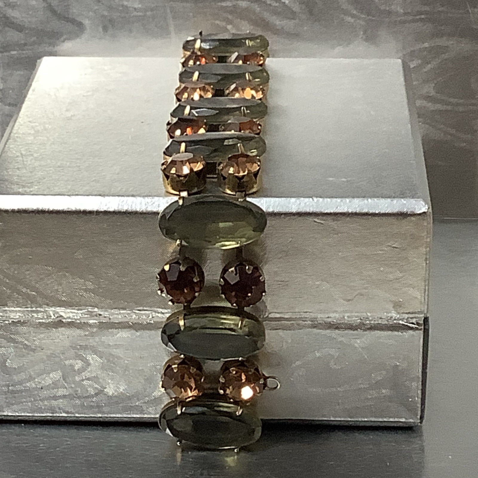 Vintage Signed Regency Golden Brown and Sage Green Crystal Bracelet 7″