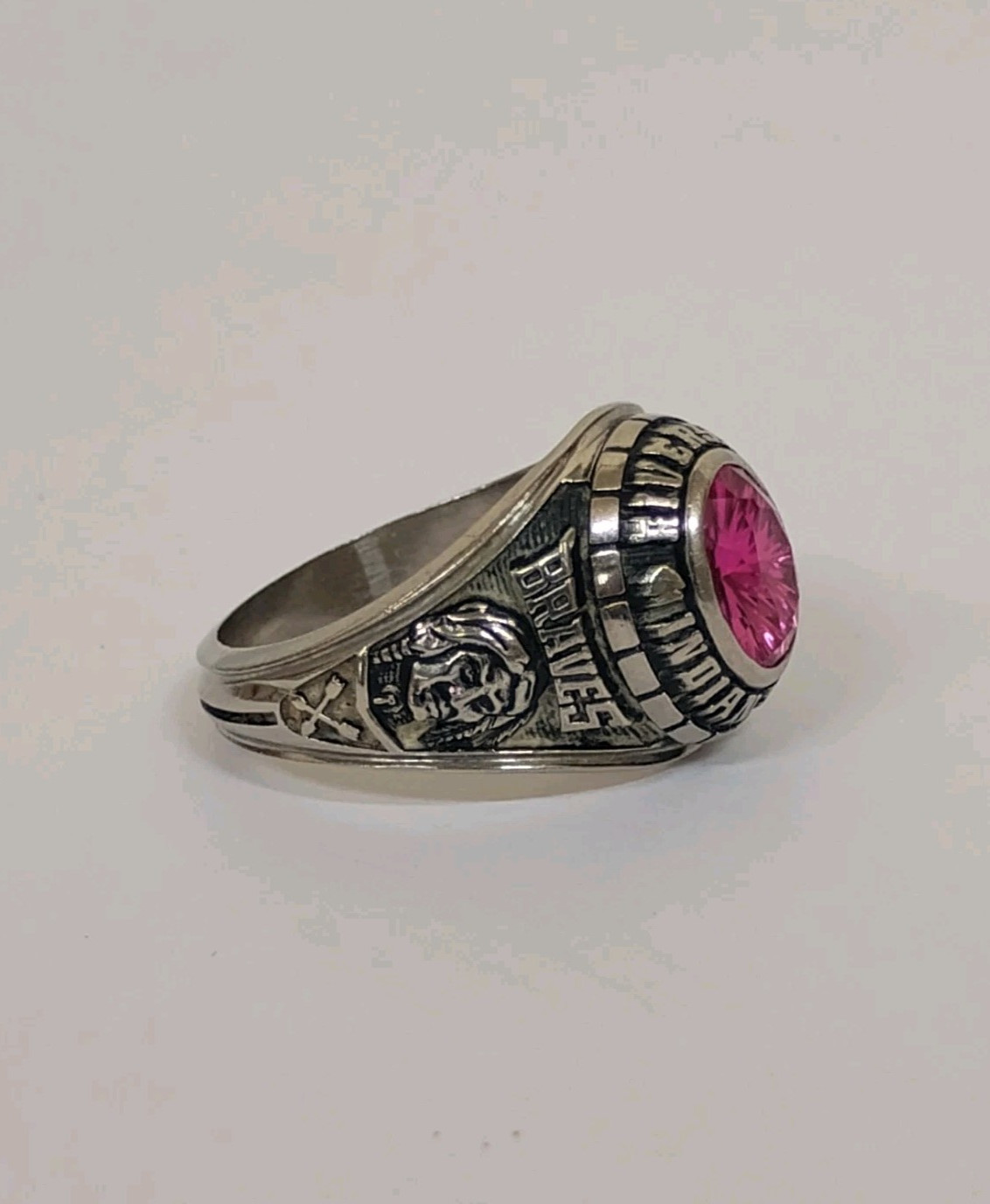 Vintage 1984 Jostens Braves Ladies Class Ring Pink Simulated Ruby White Metal 6