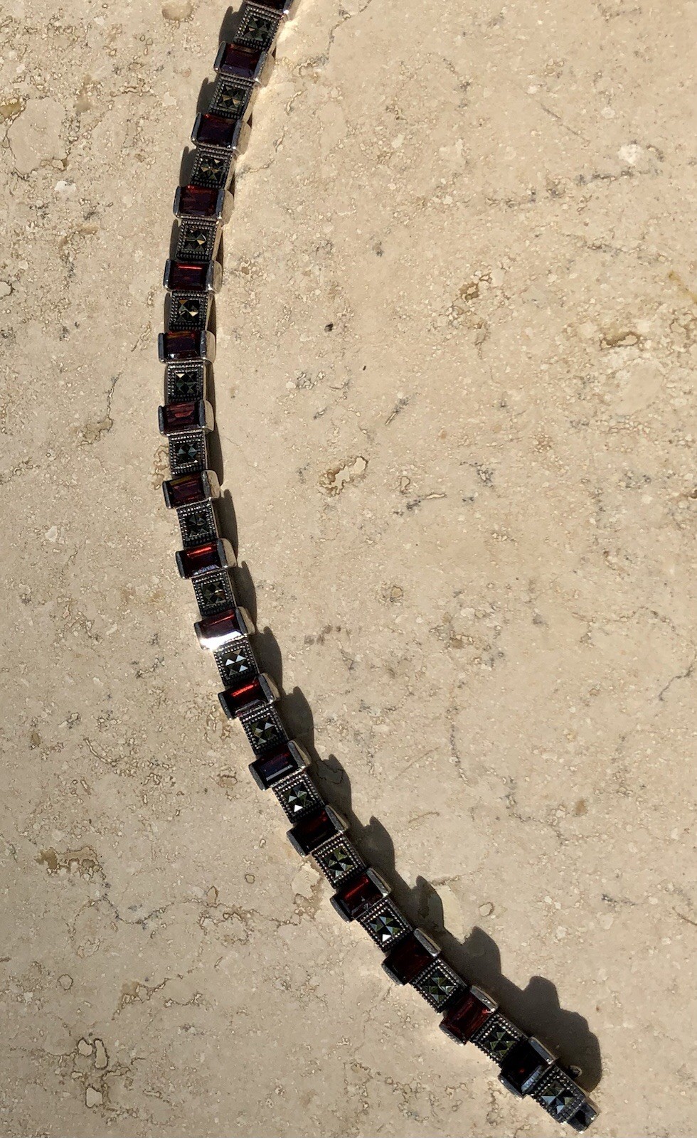 ❤️✨VINTAGE Sterling Silver EMERALD CUT GARNET & MARCASITE ESTATE Tennis Bracelet