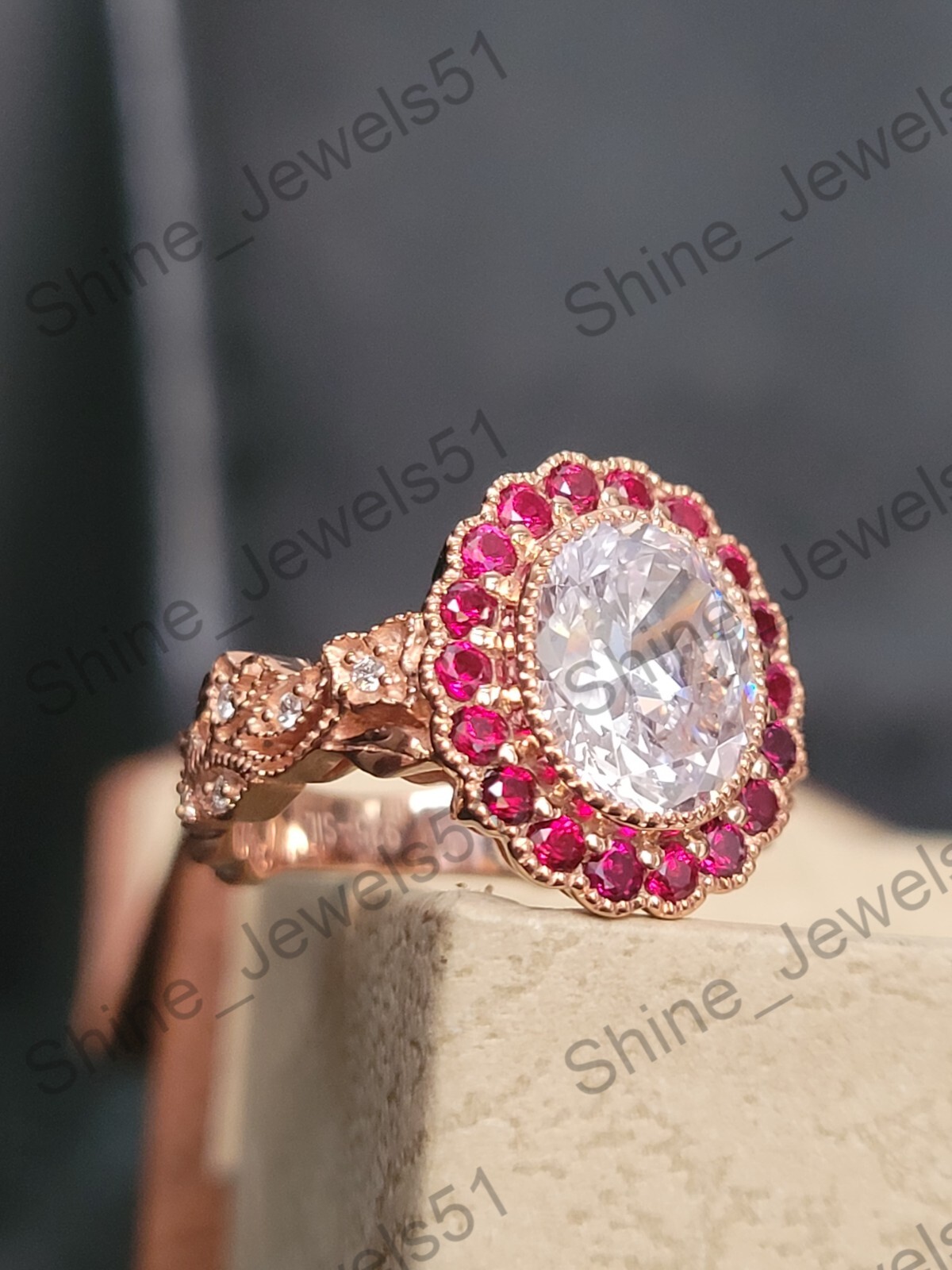 Art Deco Oval Cut Lab Created Diamond & Ruby Halo Wedding Bridal 925 Silver Ring
