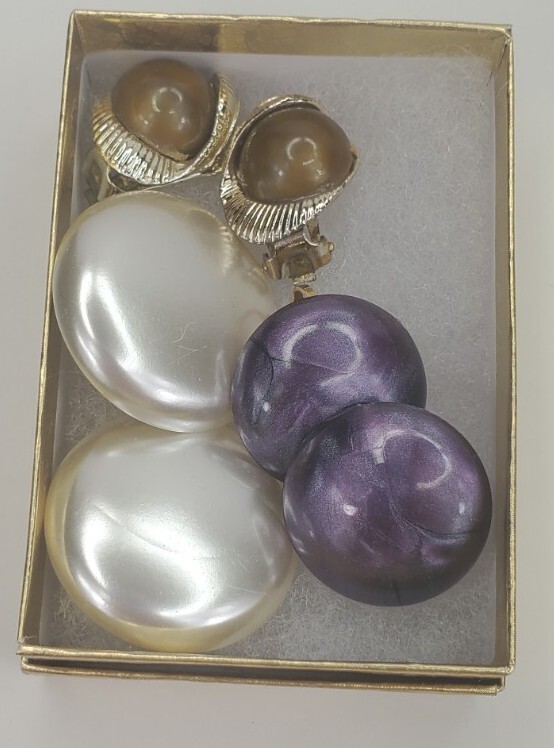 Lot of Vintage Clip On Earrings Purple Hong Kong, White Japan, Tan Gold tone