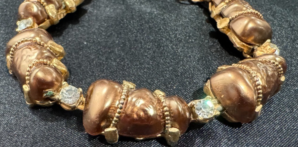 Vtg Bracelet Necklace Set MCM Regency Revival Brown 3D Textured Beads Gold Tone