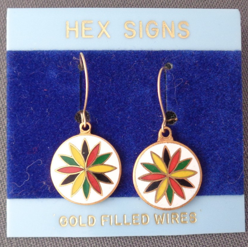 3 Pair Vintage Hex Signs Dangle Earrings 12 Point Star Unicorn Shamrock Hoffman