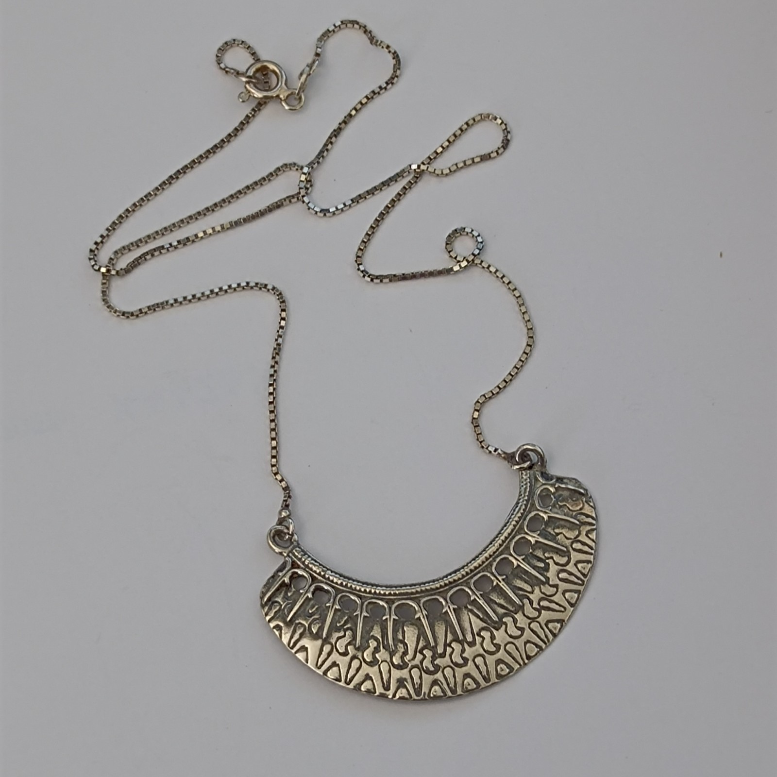 Vintage Sterling Silver Moon Crescent Necklace Ethnic Folk Inspired Engraved Bib