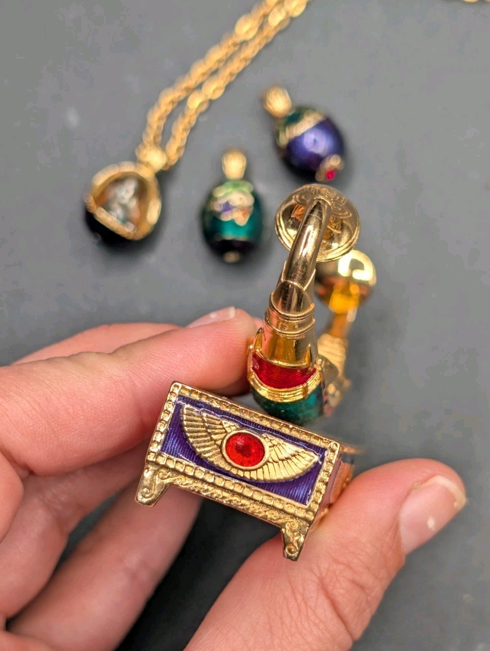 Vtg Edgar Berebi Limited Edition Egyptian Revival Eggs Boat Of Symbols Necklace