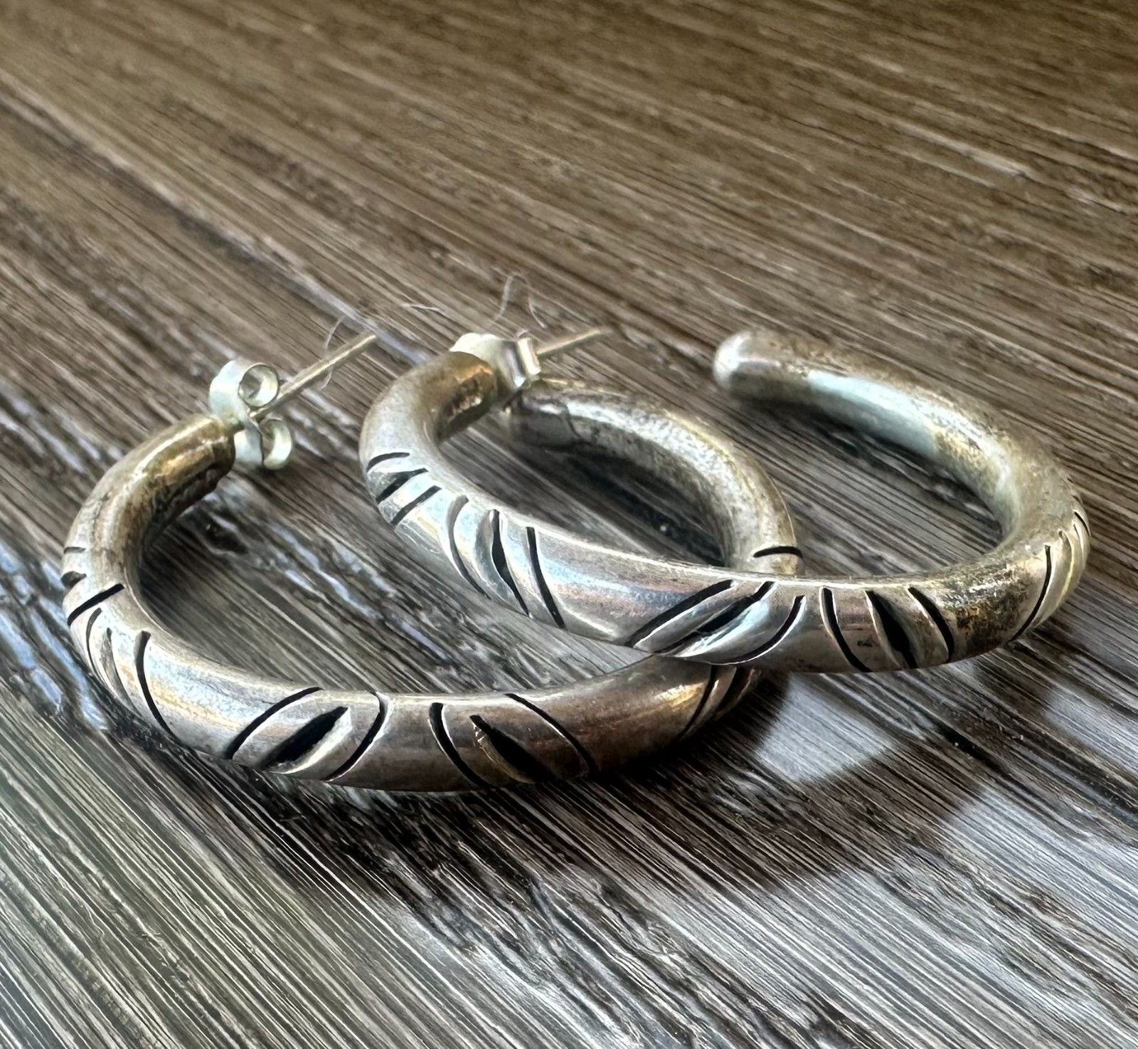 Signed MWS Mexico Sterling Silver Hoop Earrings 925 Large Etched Hoops 12.4g #10
