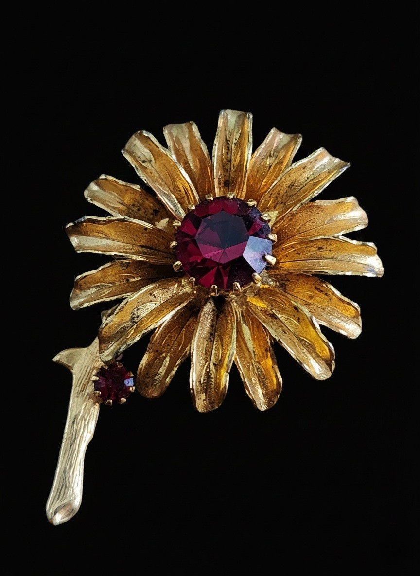 Vintage 1950’s Garnet Glass Rhinestone Flower Brooch