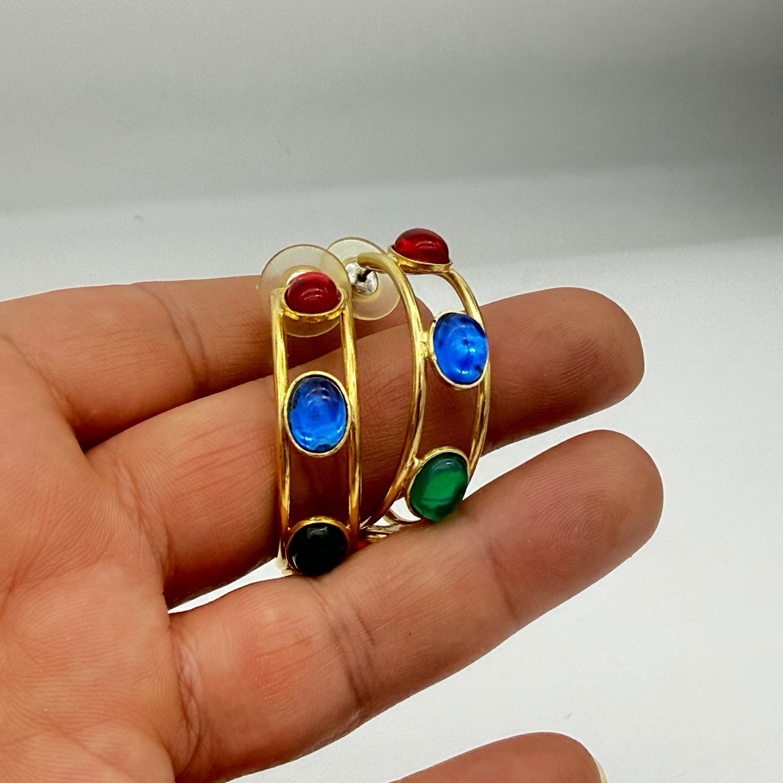 Vtg Mogul Hoop Earrings Gripoix Style Cabochon Red Blue Green Glass Large