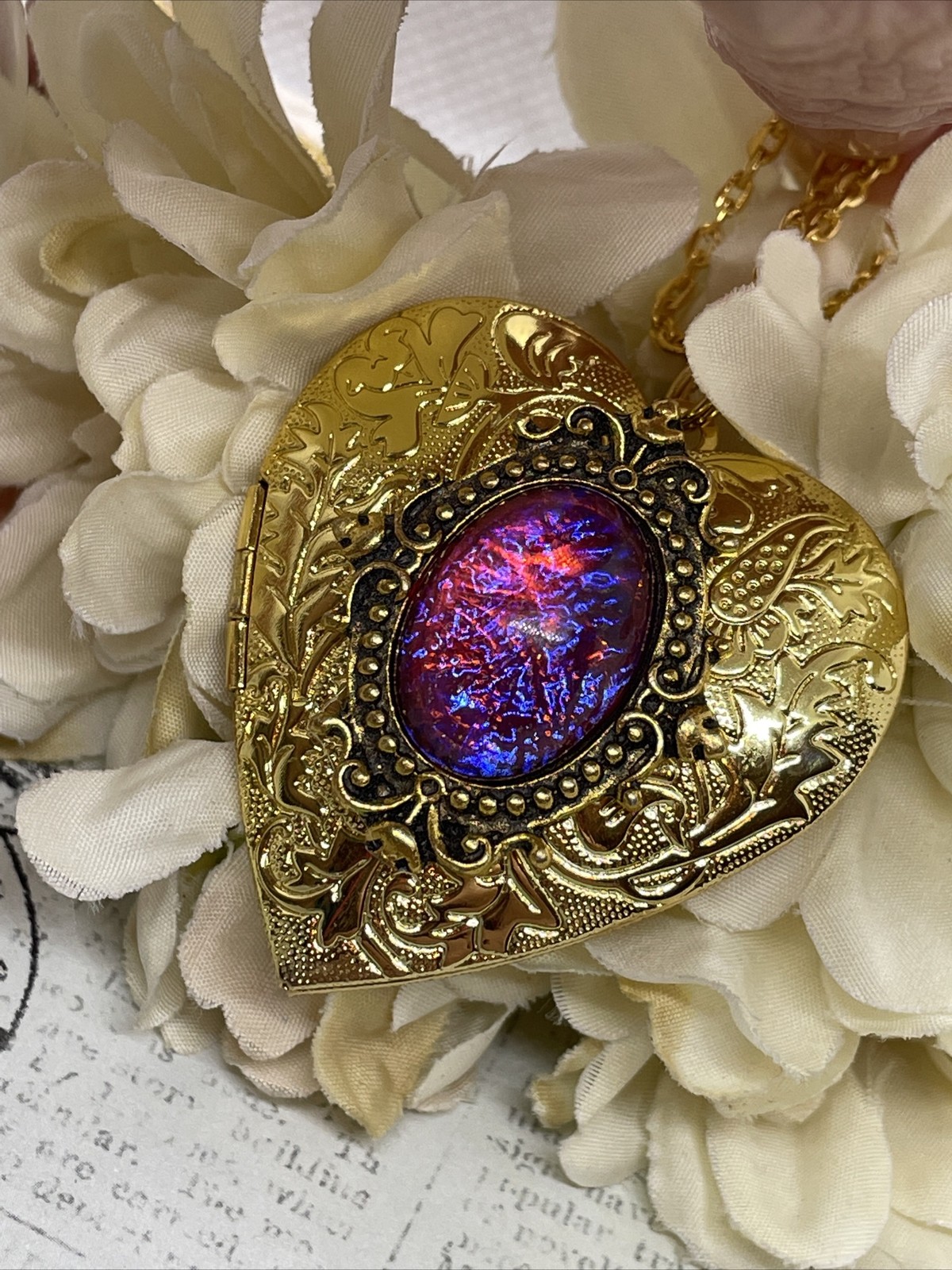 Gold Heart Locket Photo Fire Opal Dragon Birthday Anniversary Wedding Necklace