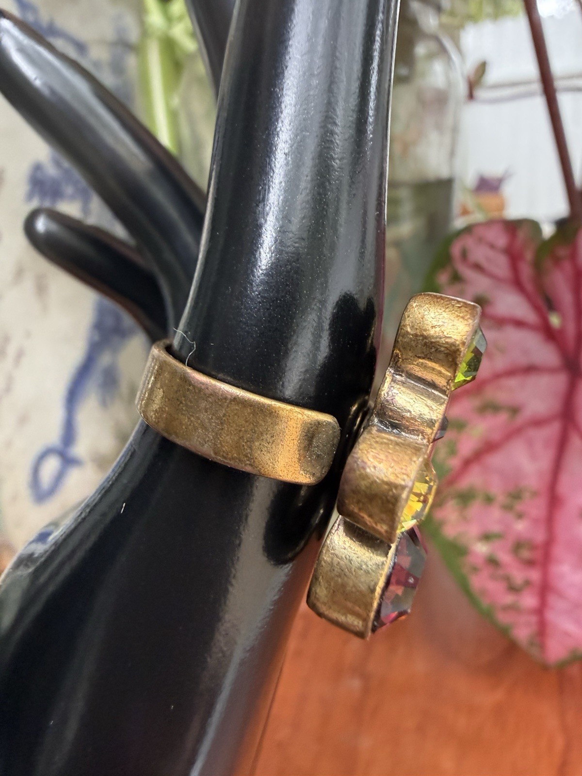 Vintage Pilgrim Multi stone Brass Ring Adjustable Band Green Red