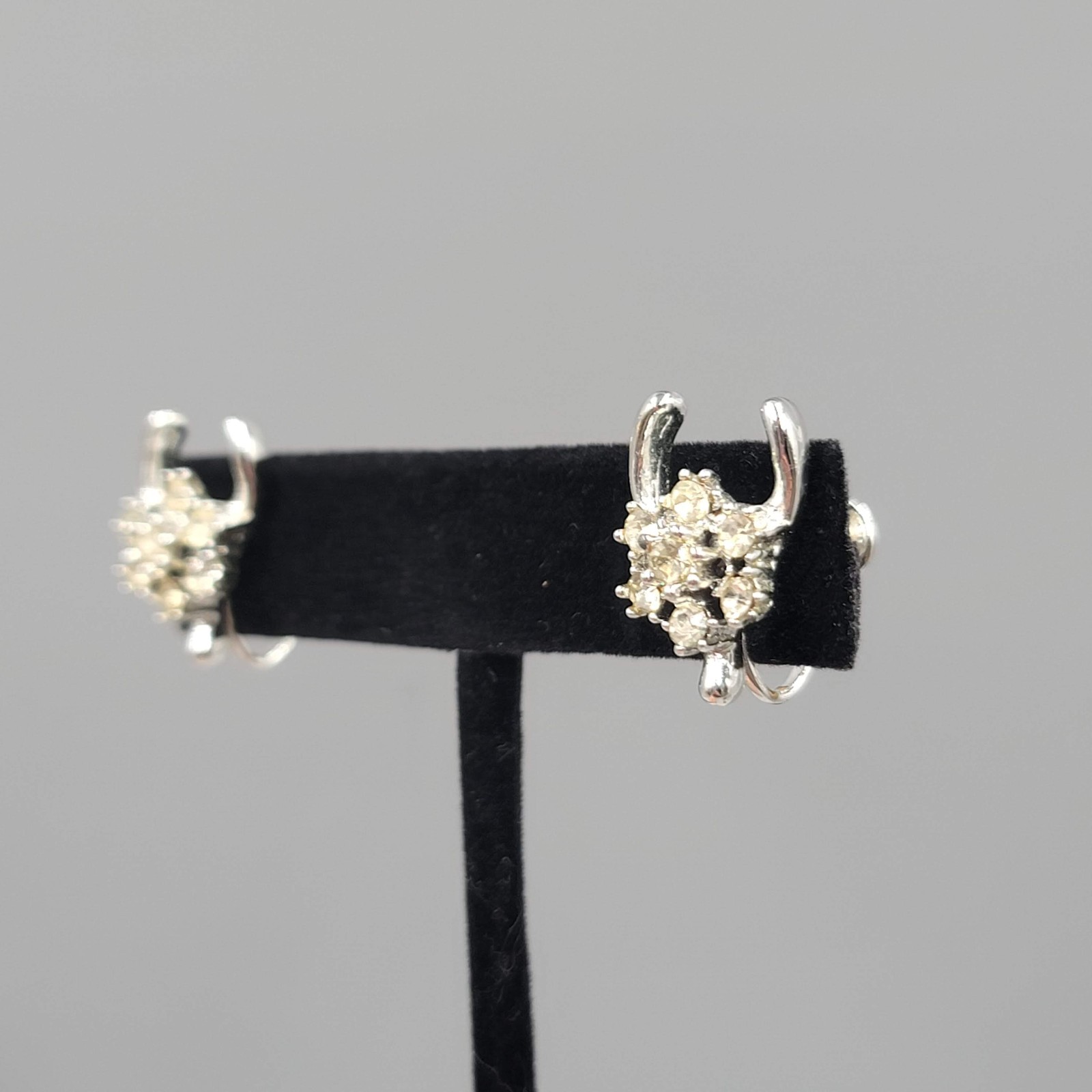 Vintage Wishbone Clear Rhinestone Clip on Earrings Silver tone Screw Back 3/4″