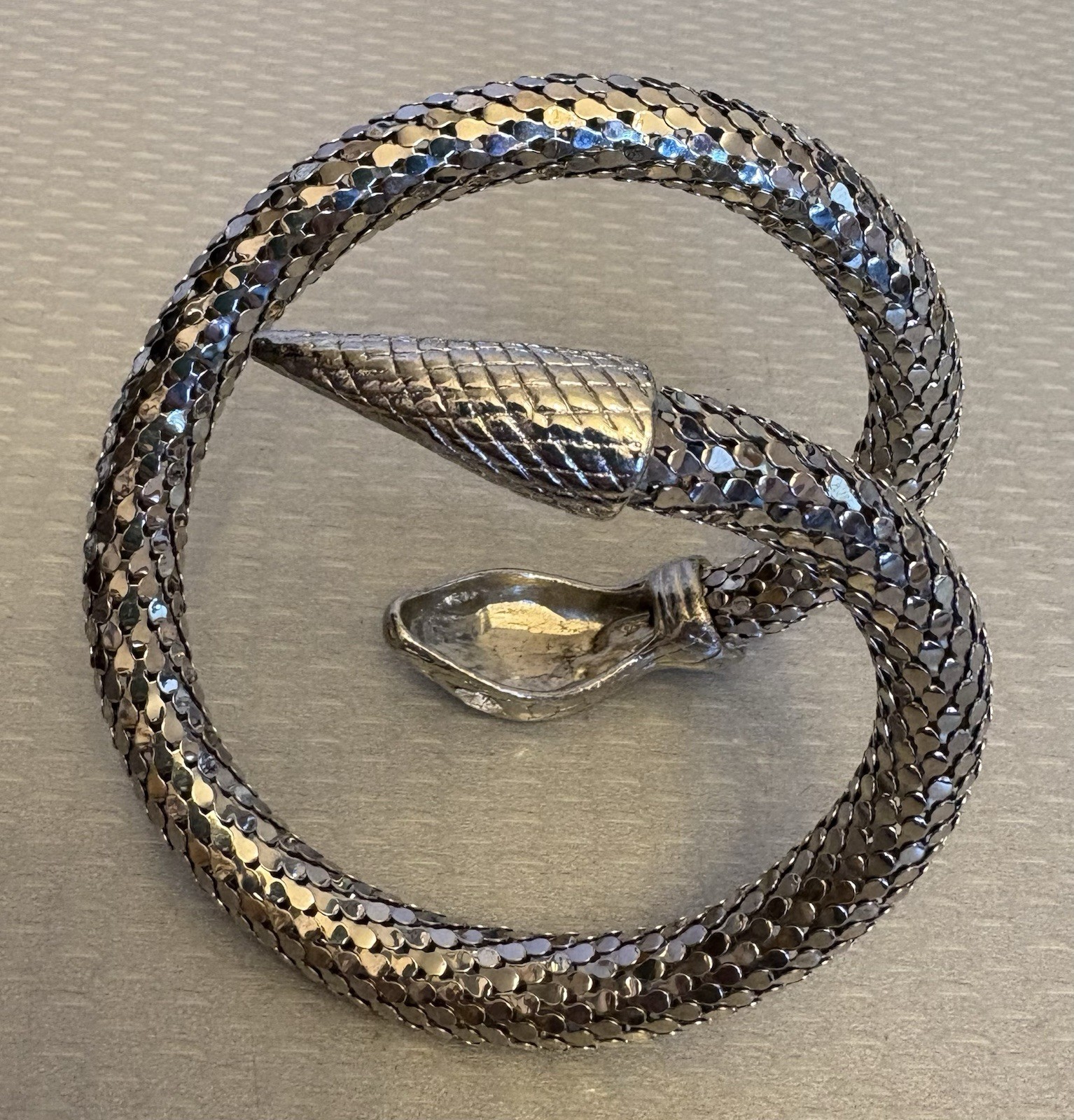 Vintage Silvertone Mesh Snake Wrap Bracelet Crystal Marquise Eyes unsigned