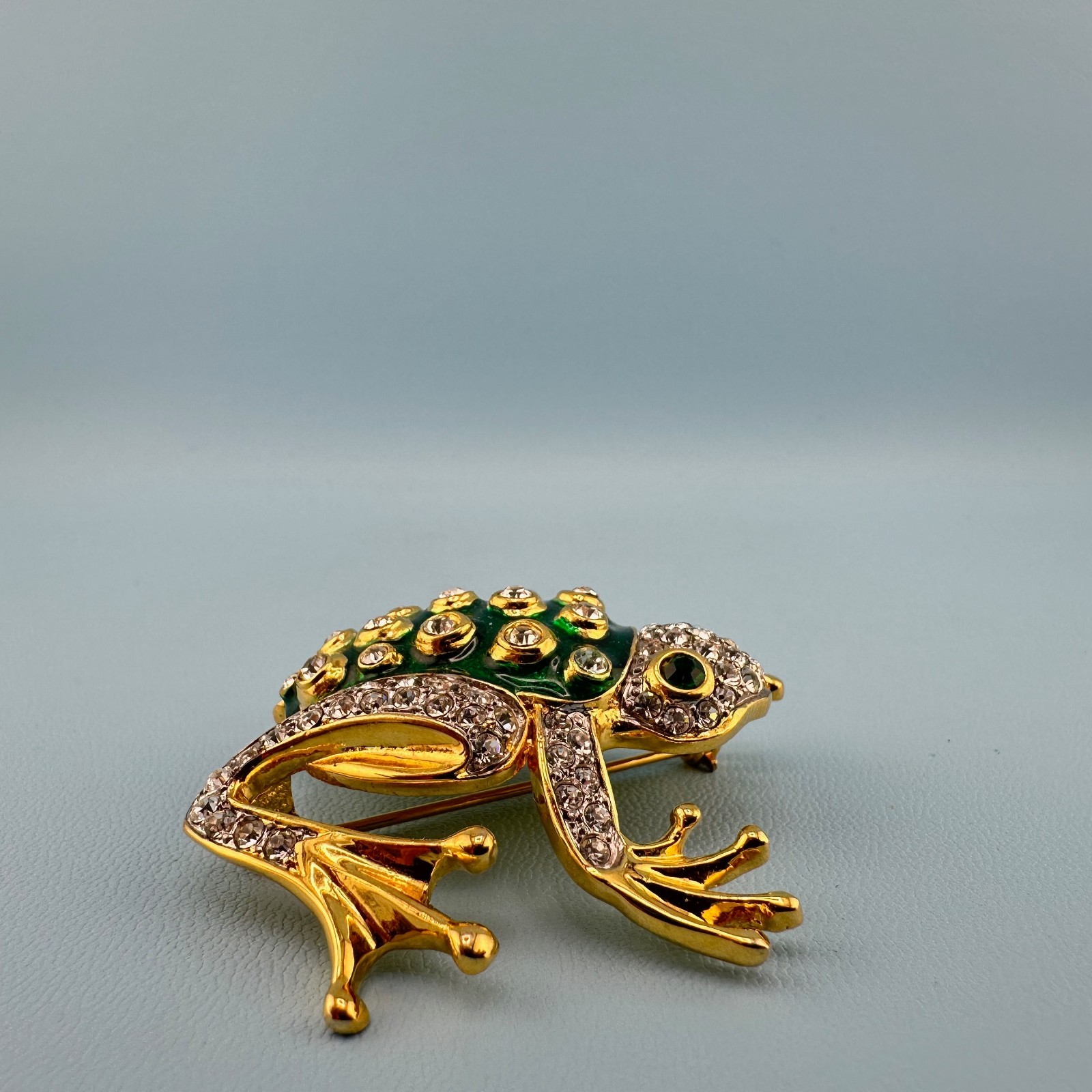 Vintage Rhinestone Green Enamel Frog Brooch Shiny Gold Tone Leap Jump Figural