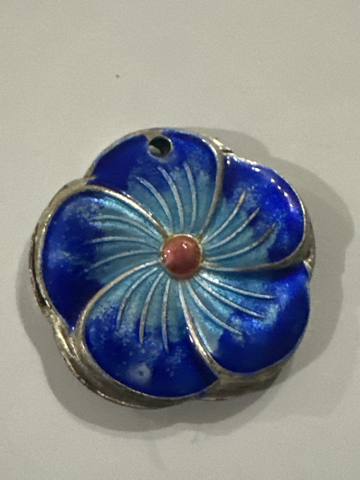 Vintage Chinese Champlevé Enamel Flower Pendant Blue Enamel- 1 3/8” Pendant Only