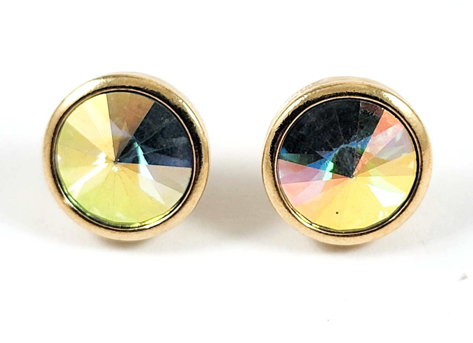 Vintage AB Lemon Yellow Rivoli Rhinestone Gold Tone Pierced Stud Earrings Retro
