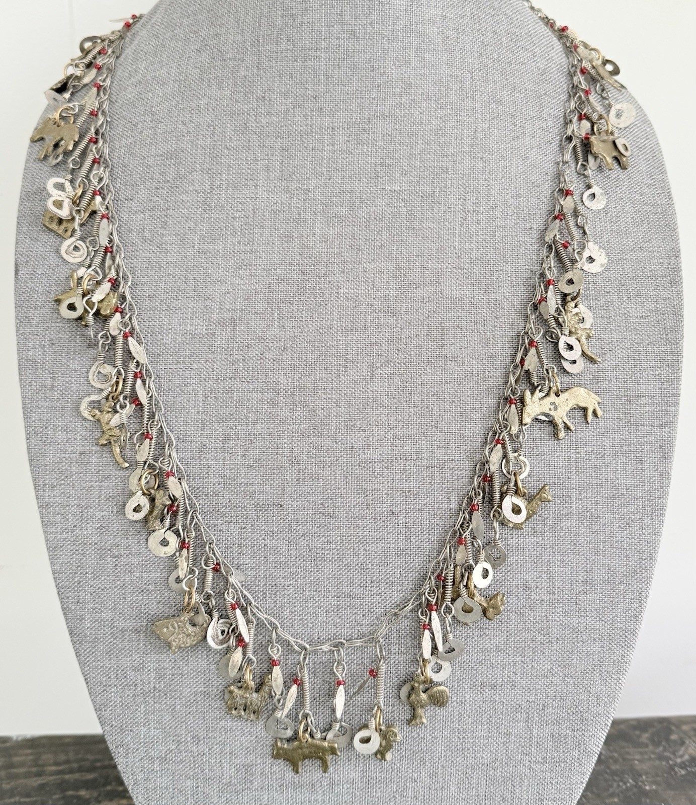 Vintage Silver Tone Cha Cha Statement Necklace, Tribal Charm Necklace Animals