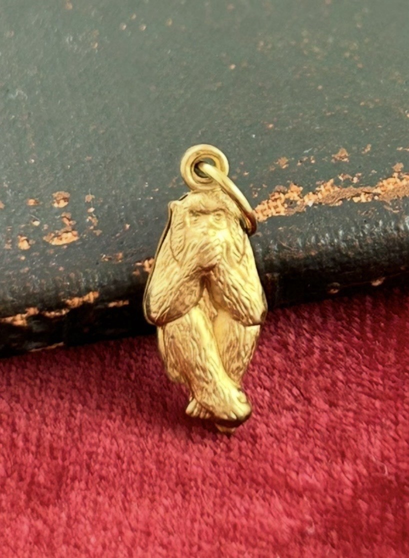 Vintage Charm Speak No Evil Monkey Necklace Pendant Puffy Brass Metal Jewelry