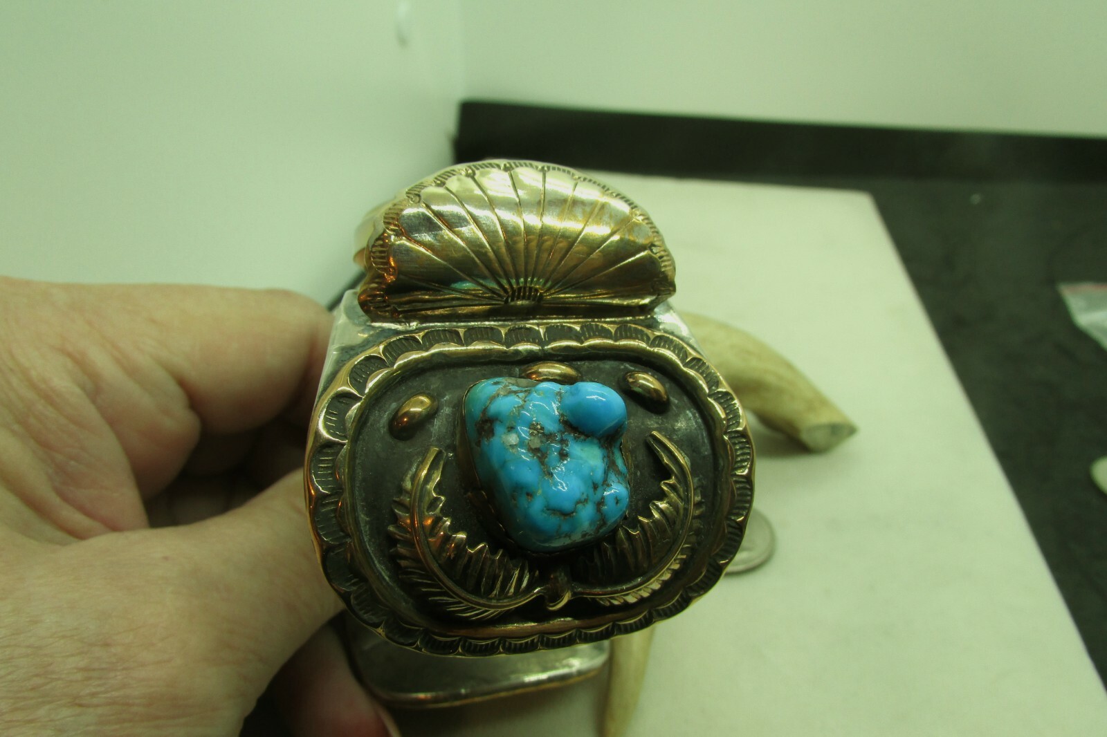 VTG SW N A WATCHBAND W/TURQUOISE & CORAL GOLD OVERLAY W/SS UNDERNEATH-NEW PRICE