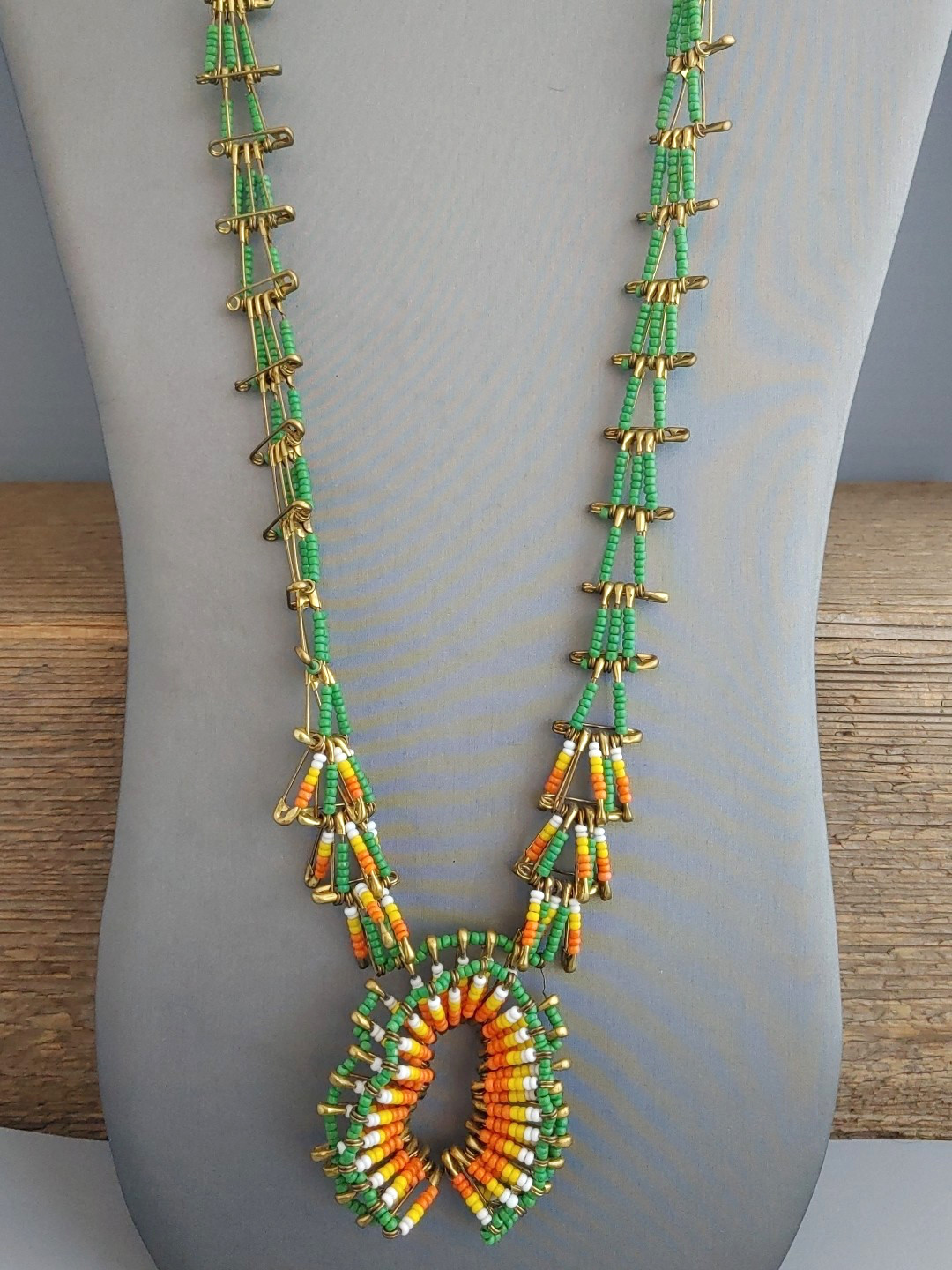 2 Vintage Safety Pin Beaded Necklaces Southwestern Style Blue Green Lot