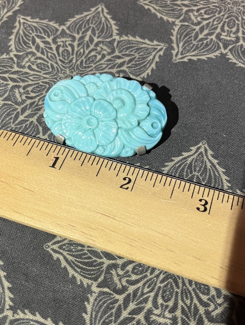 Antique Made In France Brooch Pale Blue Floral Trombone Style Pin Back