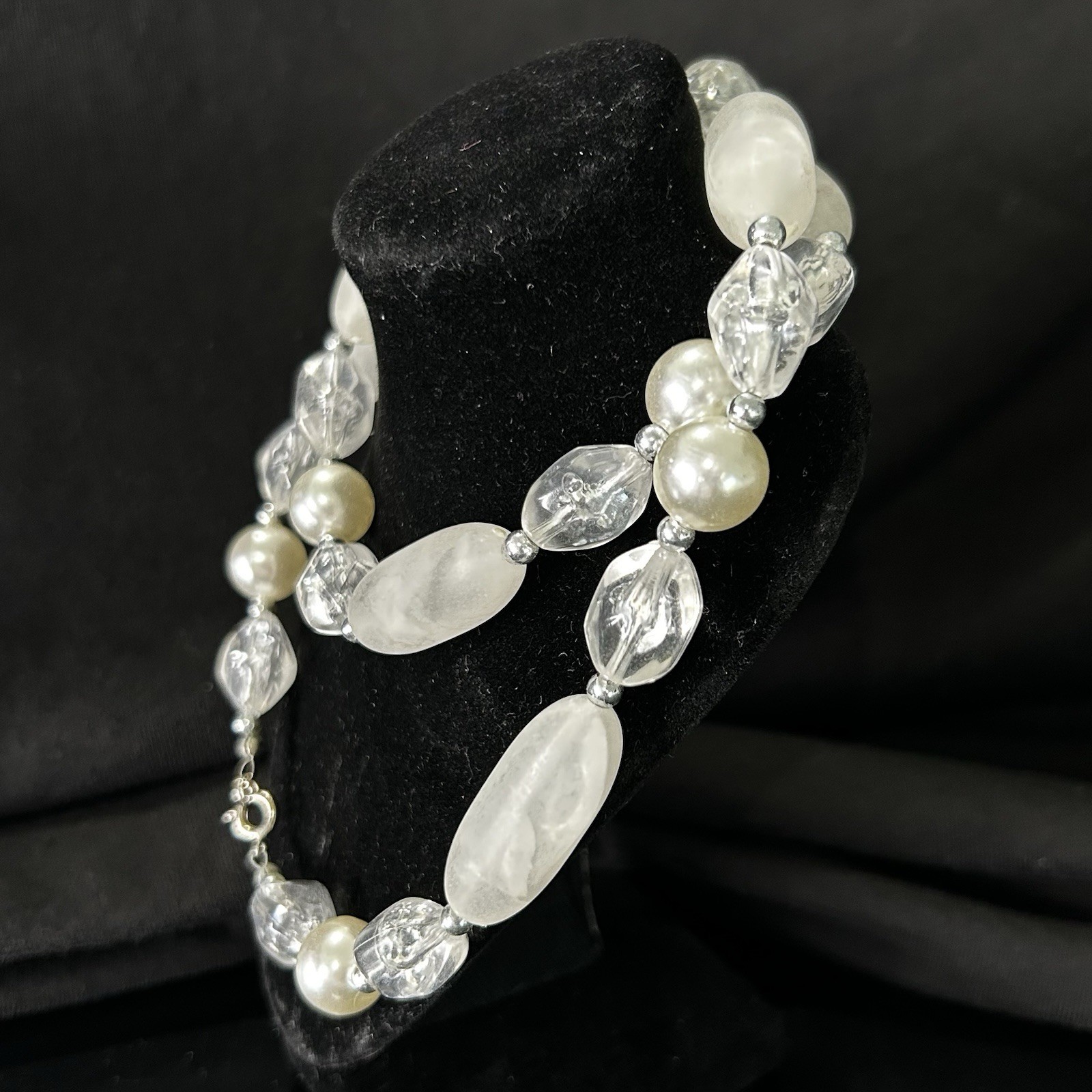 Vintage Baroque Strung Pearl Beaded Necklace with Elongated Clear Acrylic 22”