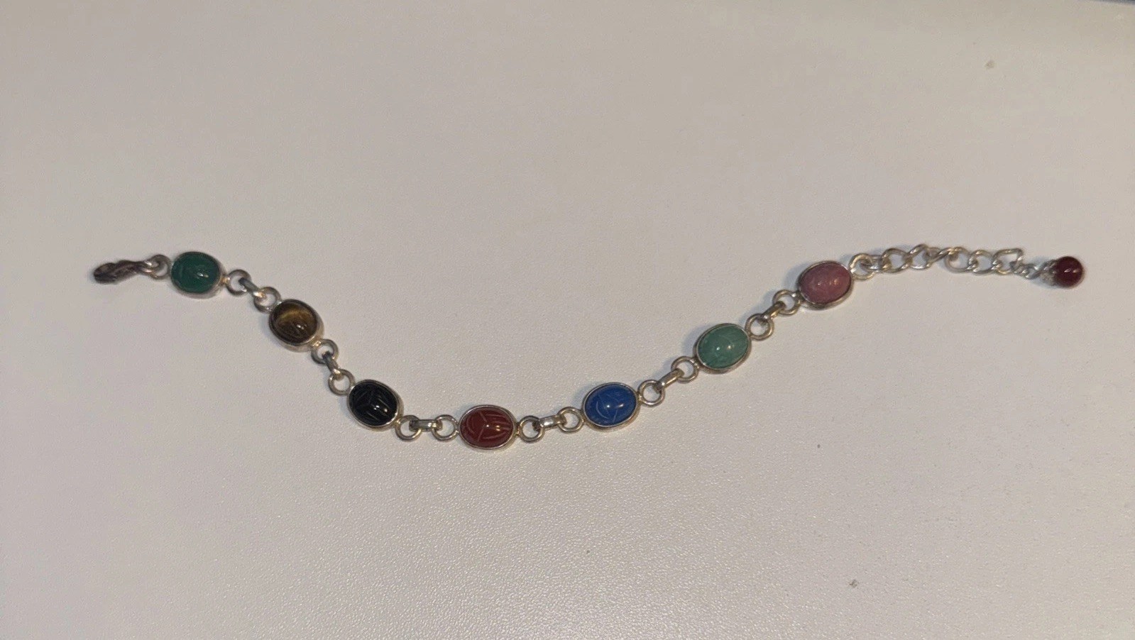 Vintage Egyptian Scarab Multi Gemstone Bracelet 925 Sterling Silver