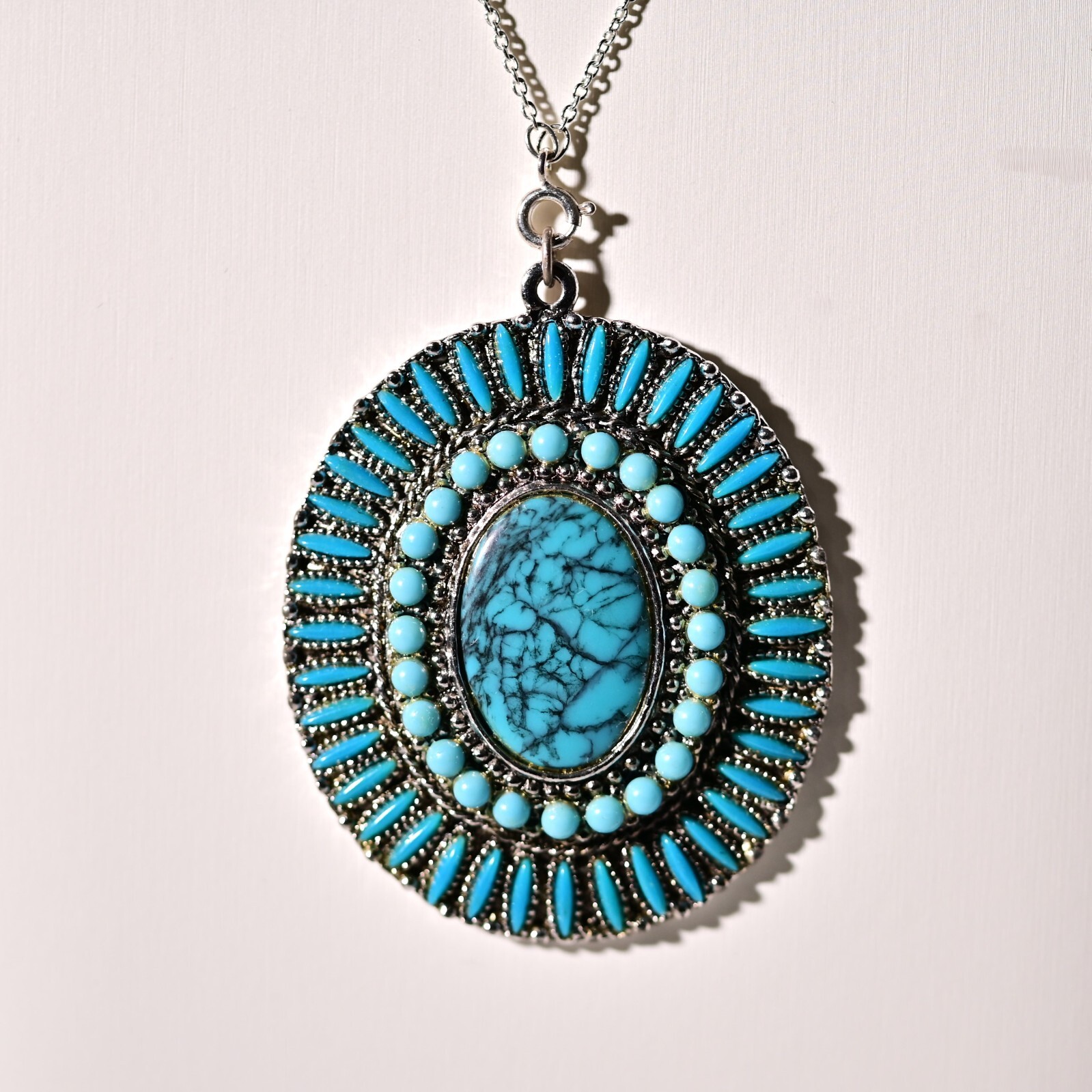 Original Vintage Native Silver Faux Turquoise Gemstone Pendant Estate Necklace