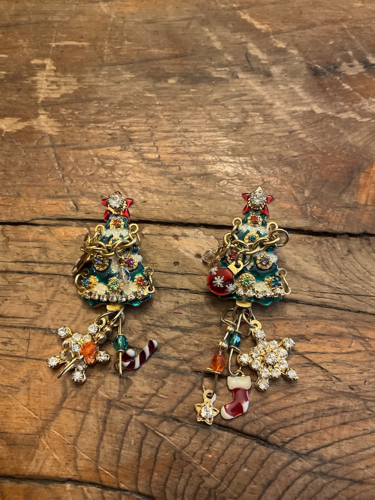 Lunch at the Ritz Christmas Tree Earrings Dangling Ornaments Gold Plated Pierced