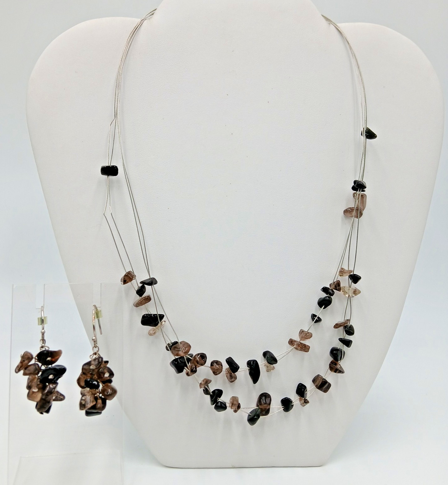 VTG 925 ATI Necklace Earrings Set 20in Smoky Quartz Black Onyx Chip Beads READ