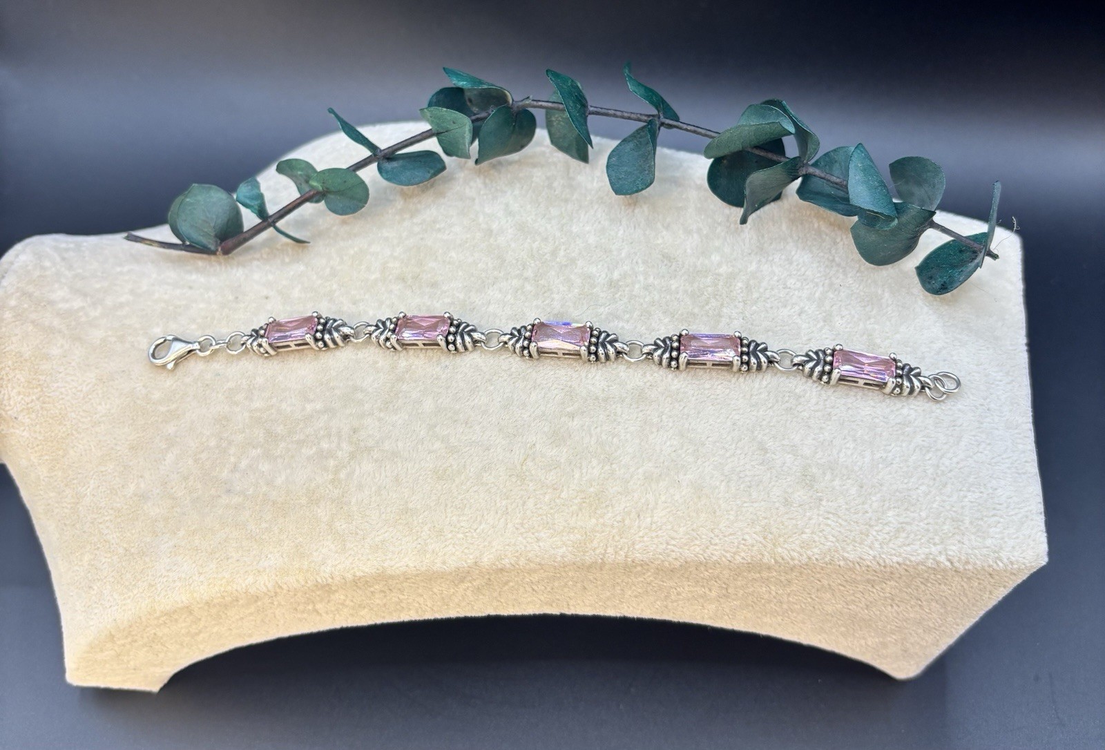 Vintage Sterling Silver 925 Pink Quartz Crystal Artisan Link Bracelet 6.5″