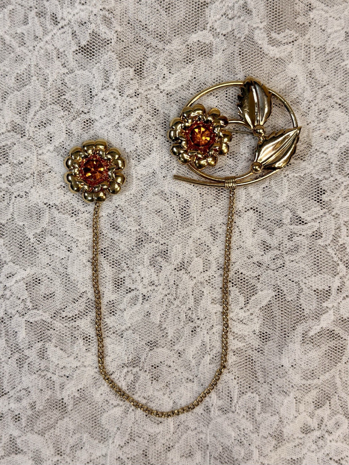 Vintage Linc 12k Gold Filled Double Flower W/ Orange Amber Stone Brooch Pin