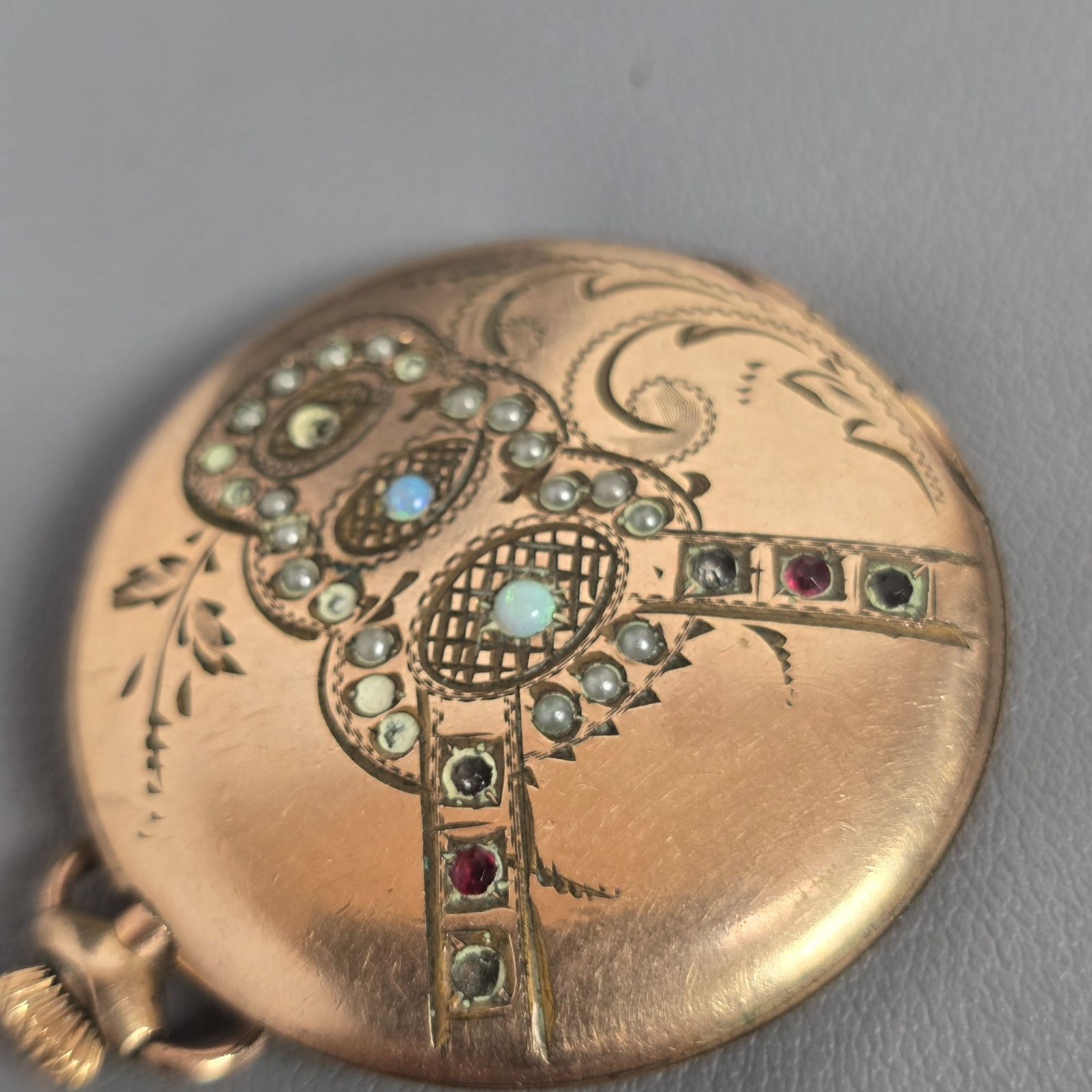 Victorian Gold-Filled/Gold-Plate Engraved Gemstone Photo Locket w/ Opal & Gems