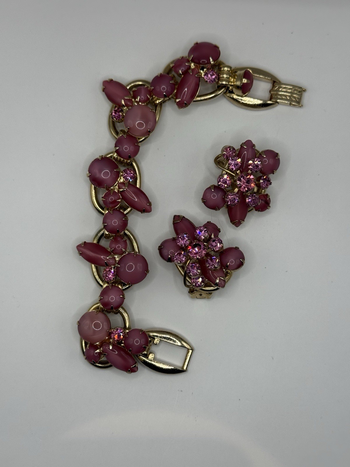 Vntg. Juliana D & E Pink Moonglow Rhinestone Bracelet & Earring Set 5-Link 6.5”