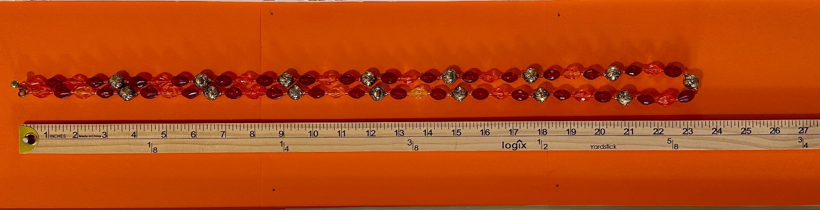 Vintage Lucite Bead Gypsy Necklace Faceted Red Orange Gold Tone Floral 46″ Boho