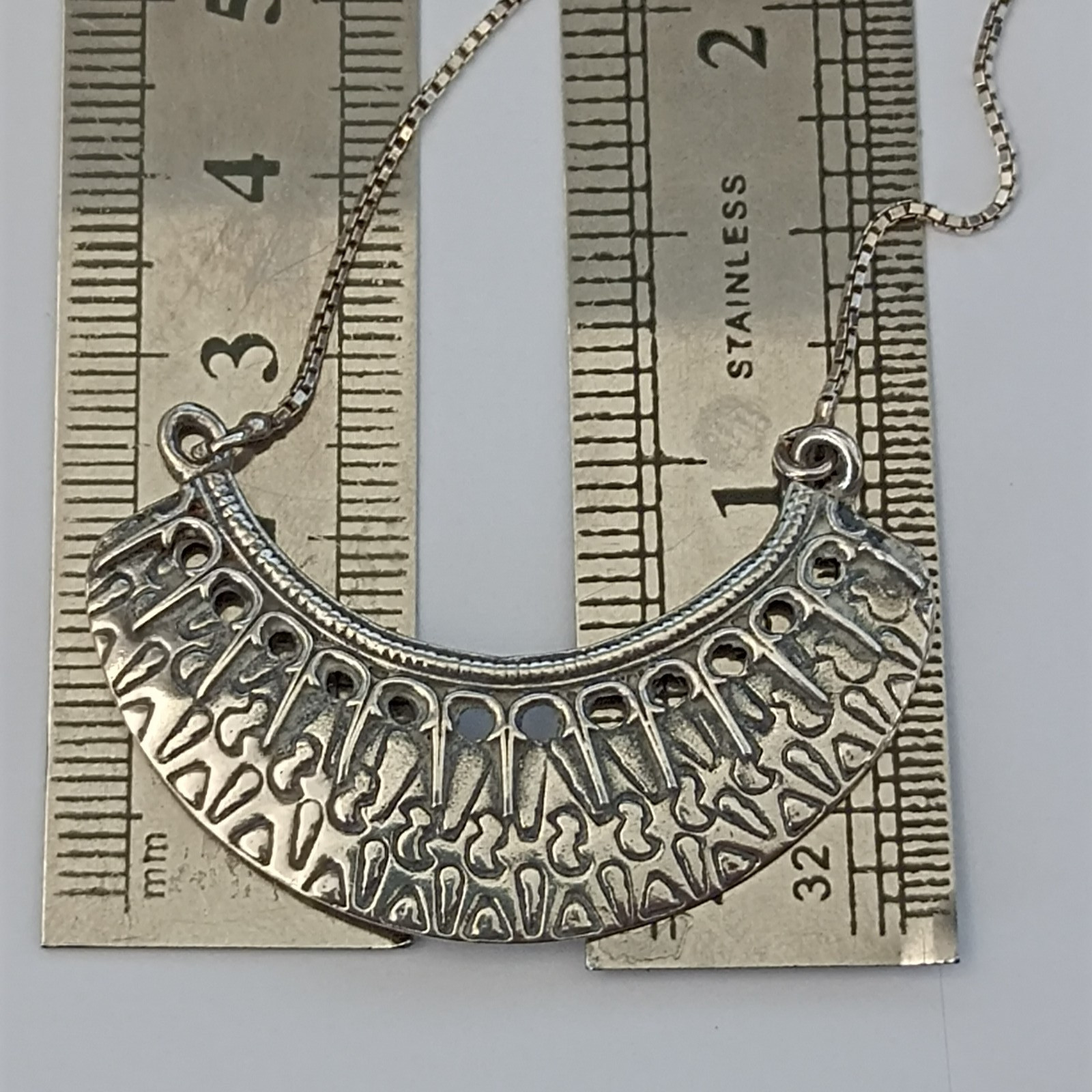 Vintage Sterling Silver Moon Crescent Necklace Ethnic Folk Inspired Engraved Bib