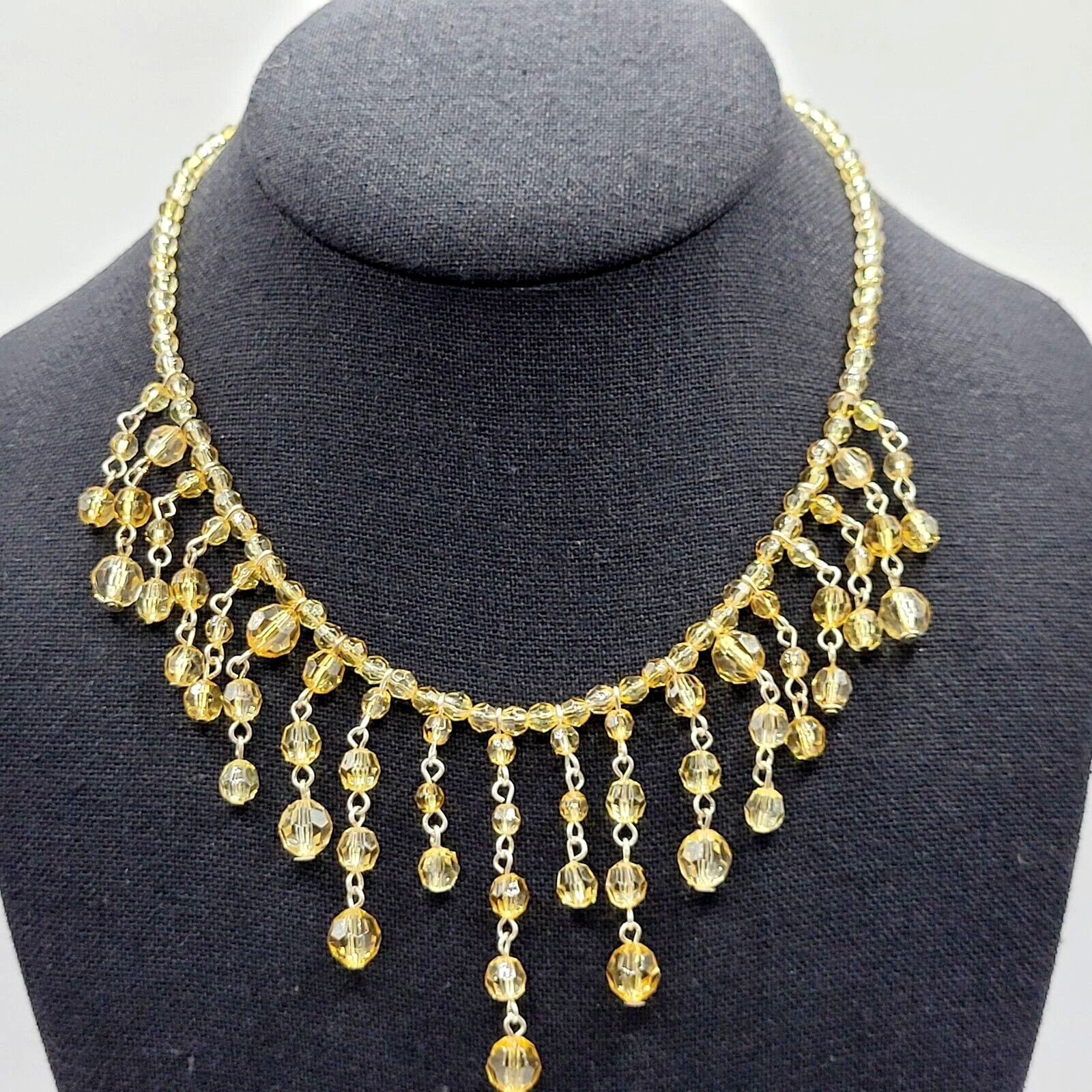 Fringe Bead Necklace Acrylic Light Gold Amber Champagne Fancy Costume Necklace