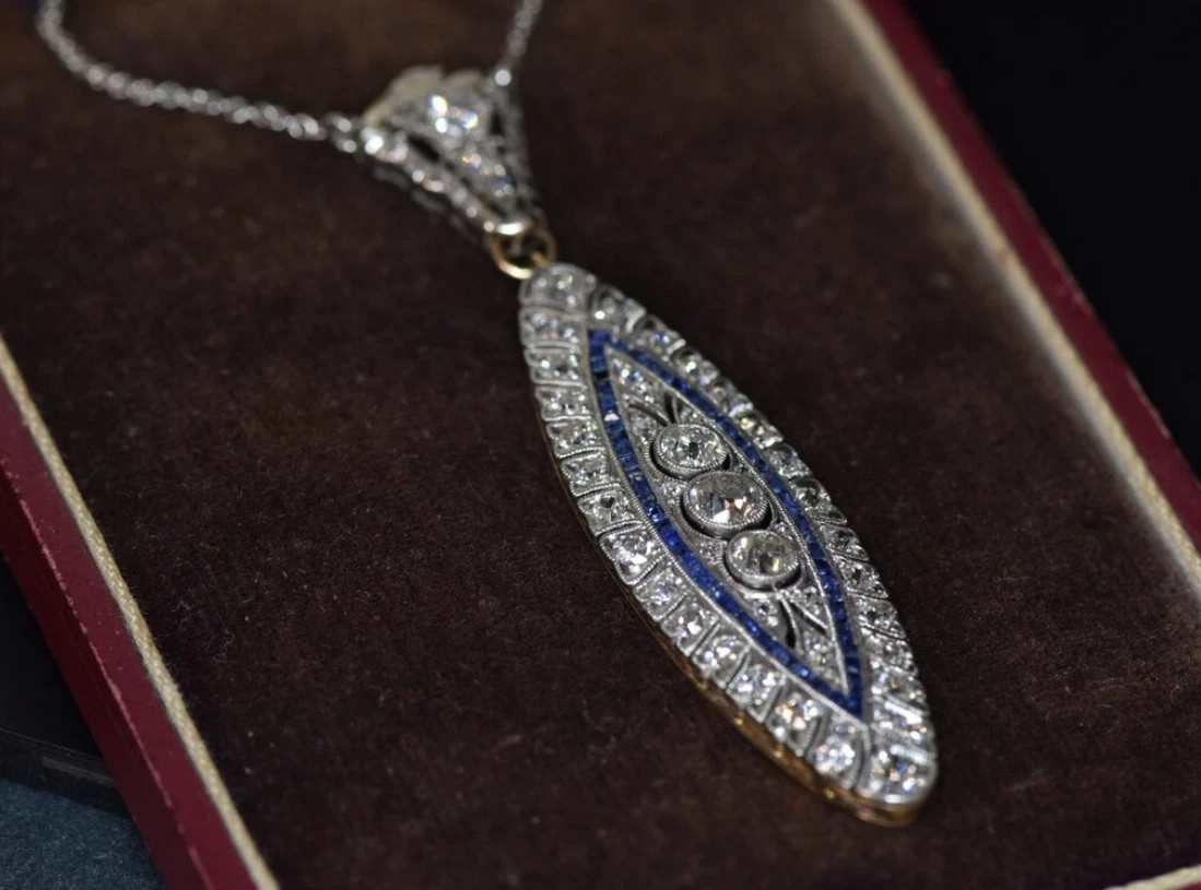 Art Deco Style Lab Created Diamond & Sapphire 14K White Gold FN Wedding Pendant