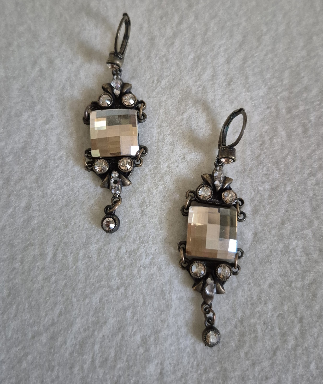 Vintage Square Iridescent Crystals Antique Tone Dangle Chandelier Earrings