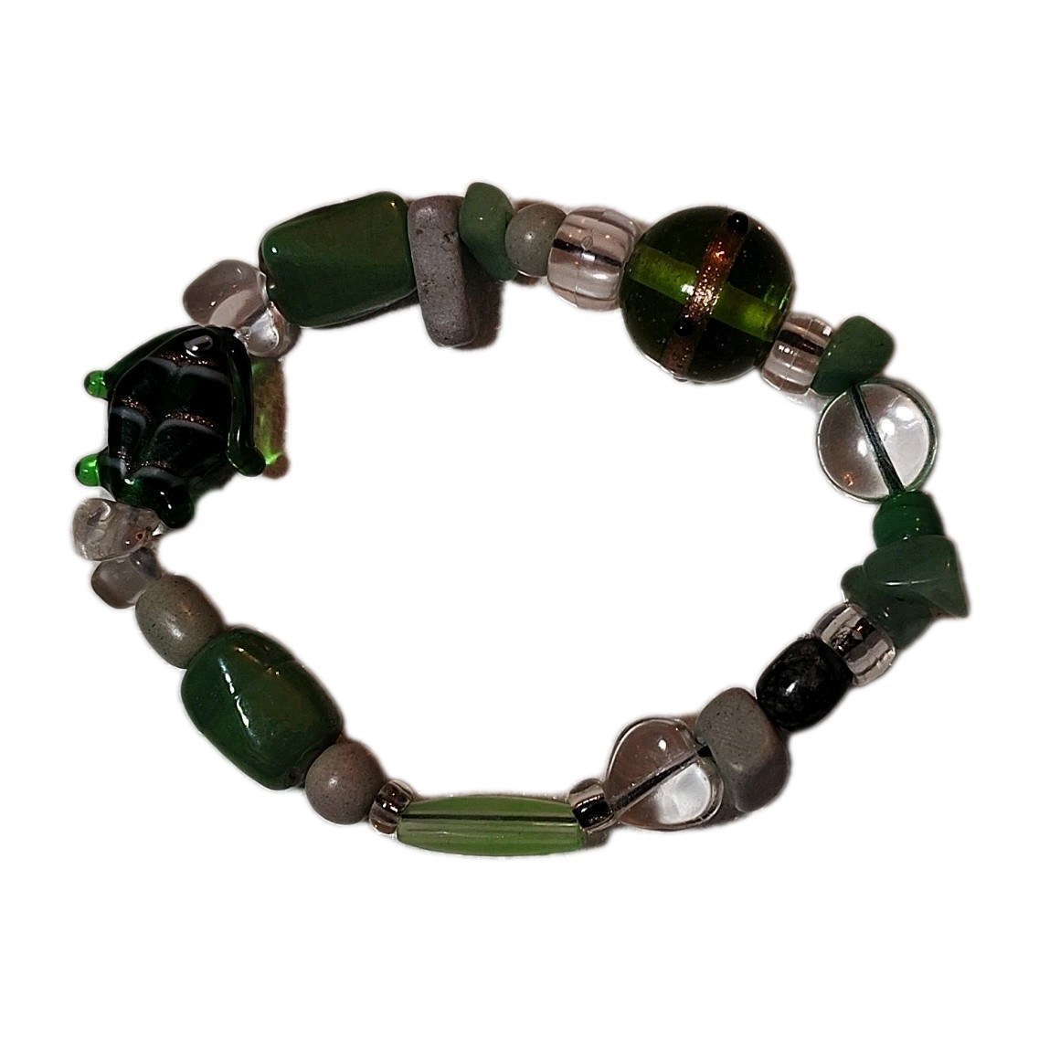 Little Fish Creatures Green Art Glass Vintage Beaded Bracelet Elastic Stretch