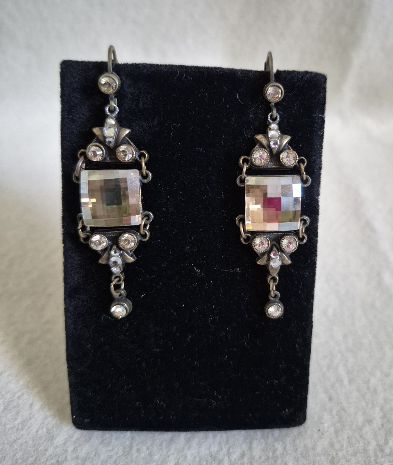 Vintage Square Iridescent Crystals Antique Tone Dangle Chandelier Earrings