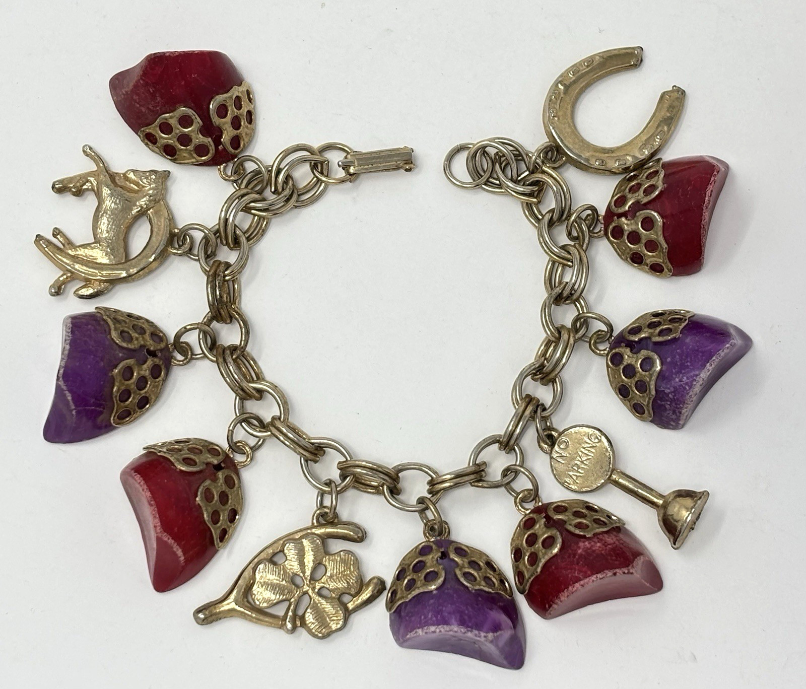 Vintage 60’s Chunky Charm Bracelet Lucky Horse Shoe Racing Purple Red Lucite