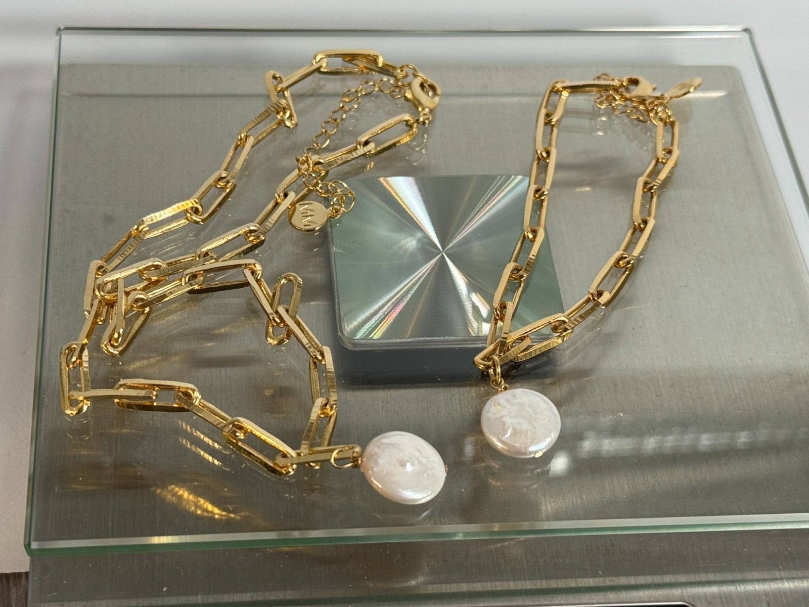 Mayamar (24K Gold Plated) Chunky Link Choker Necklace & Bracelet w/ Pearl Charm