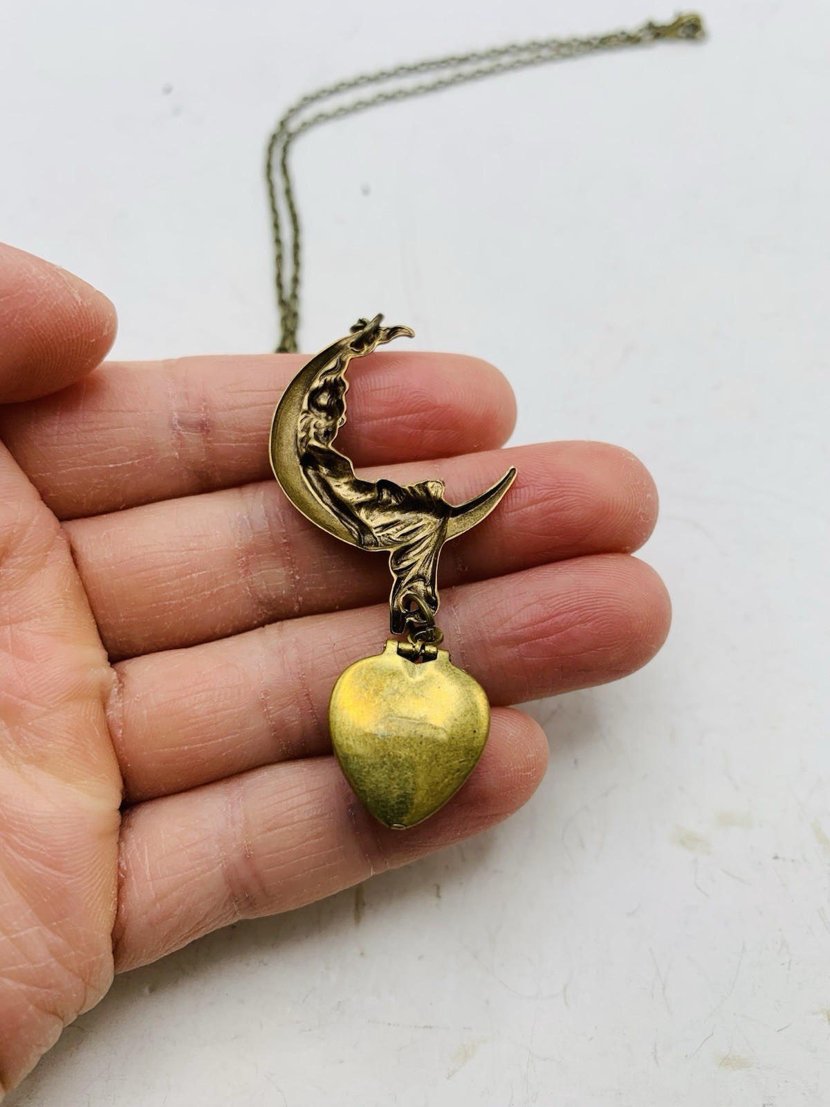 Vintage Style Goddess Crescent Moon Blue Lapis Lazuli Mini Heart Locket Necklace
