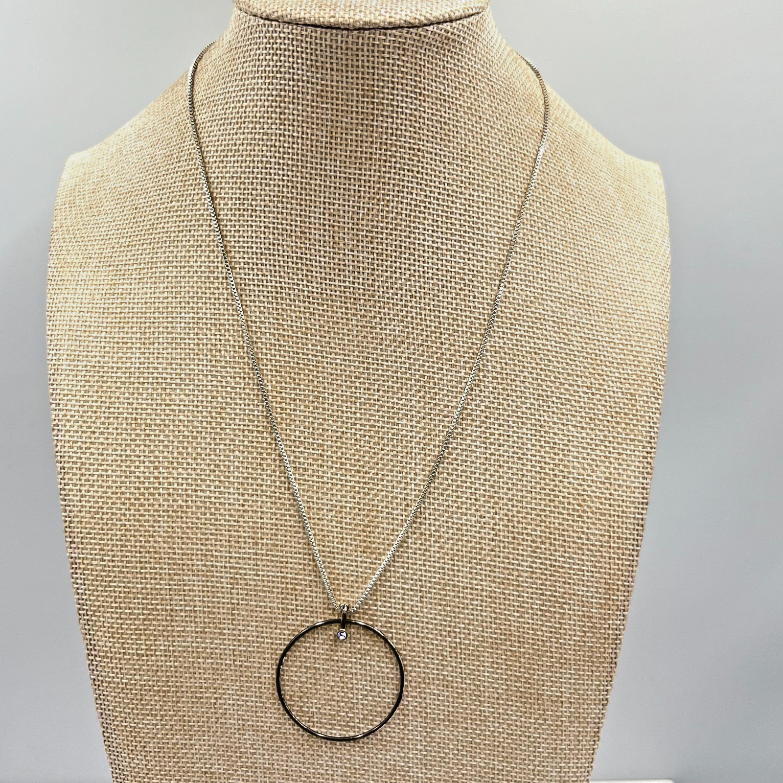 Vintage Pilgrim Silver Tone Circle Crystal Pendant Box Chain Necklace Minimalist
