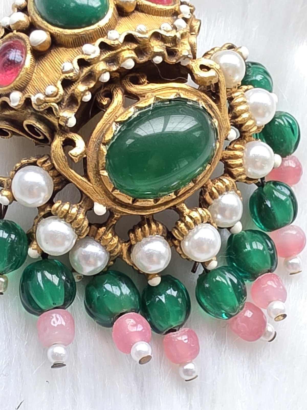 Vtg Signed KJL Jewels of India Mughal Crown Brooch Pendant Green Cabochon Rare
