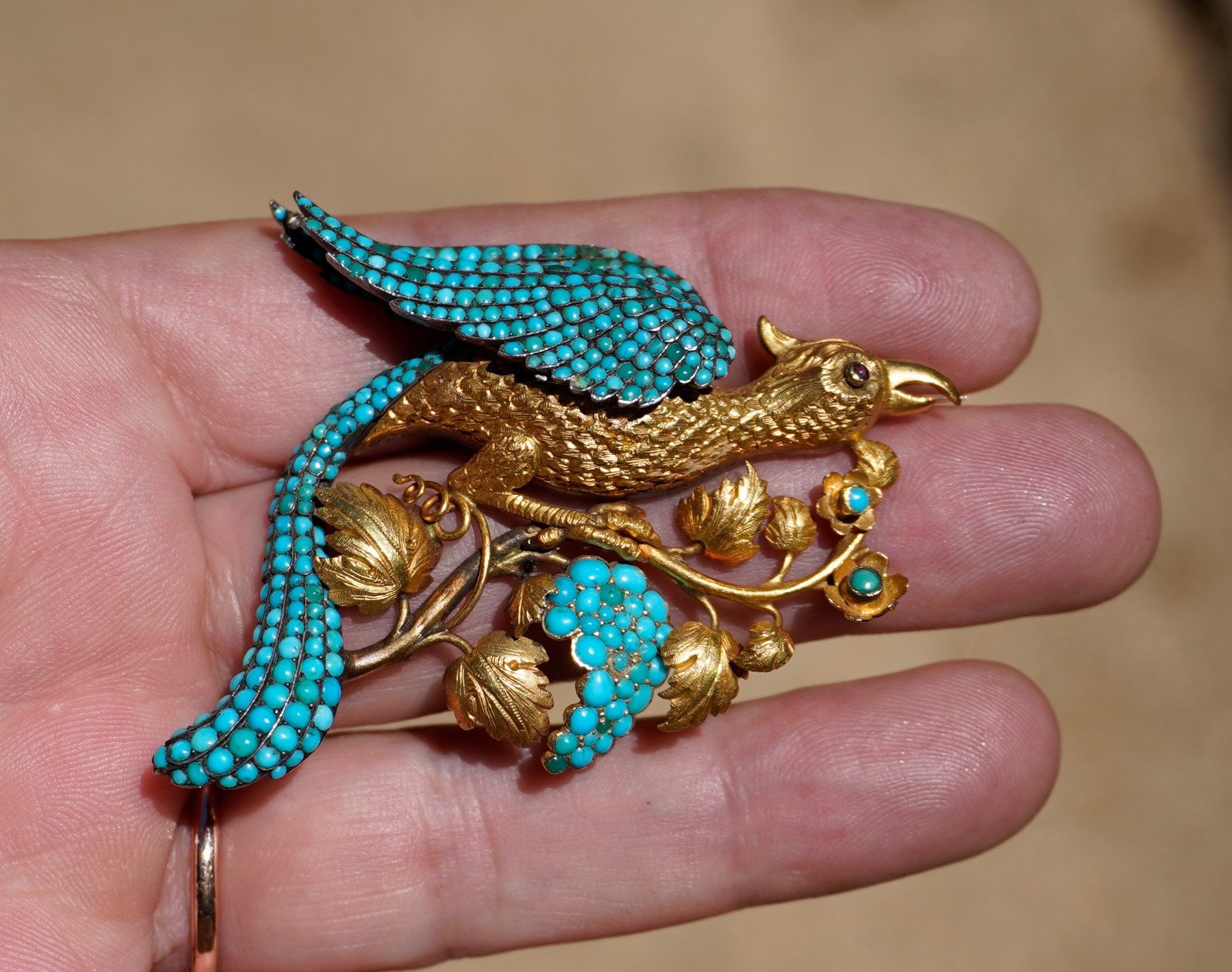 Antique 18K Pave Turquoise & Ruby French Bird Brooch