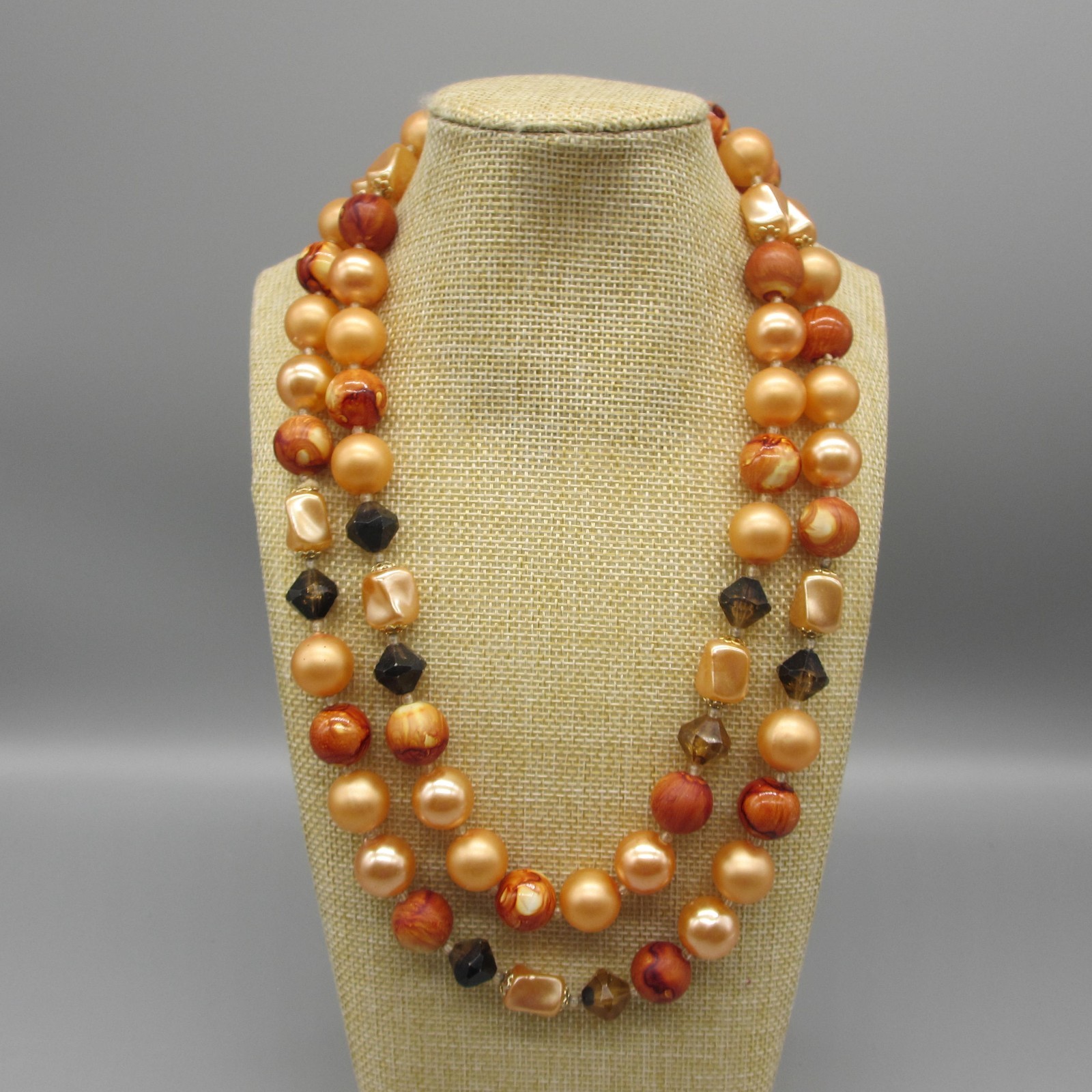 Vintage Hong Kong Necklace MCM Beaded Orange Brown Double Strand 19 Inch