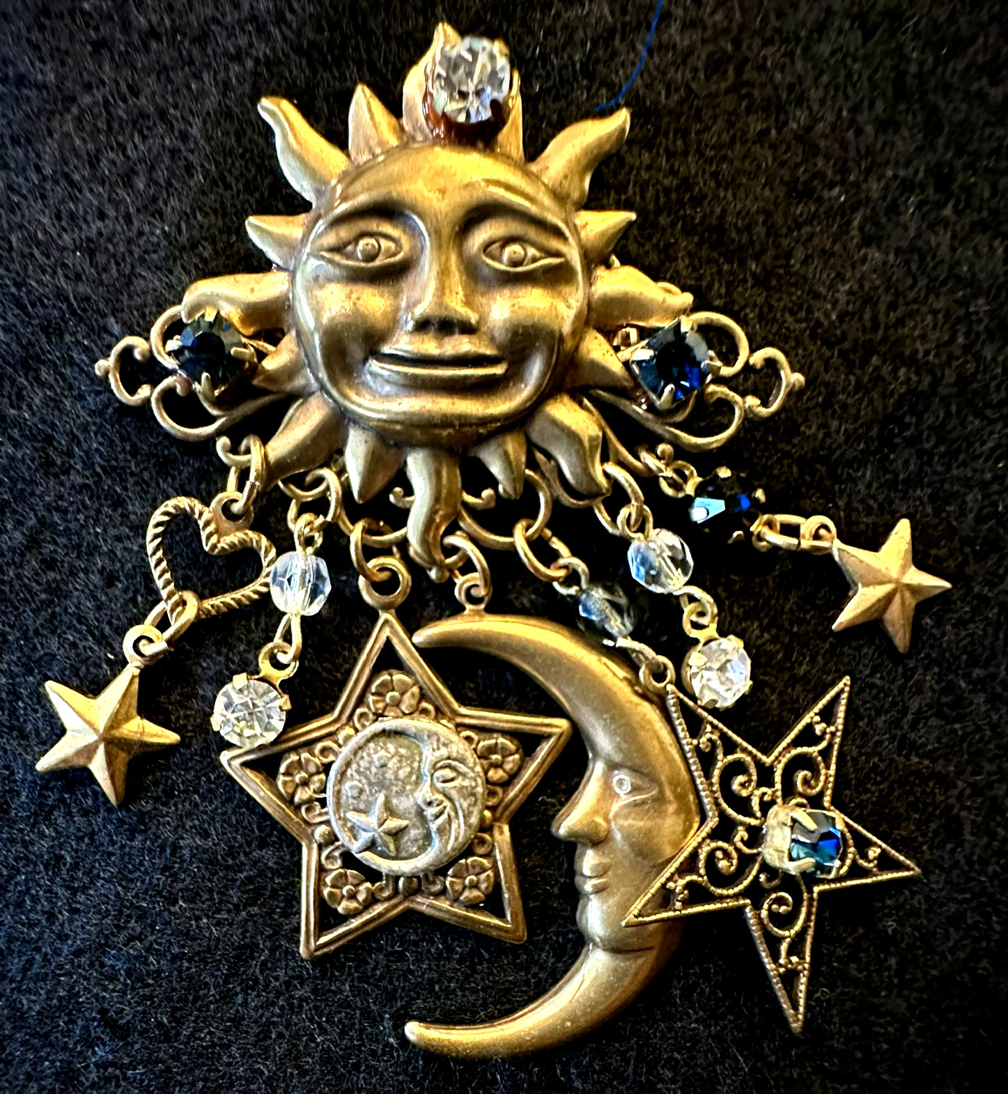 Celestial Sun Moon & Stars Brooch With Crystals – Antique Brass-tone