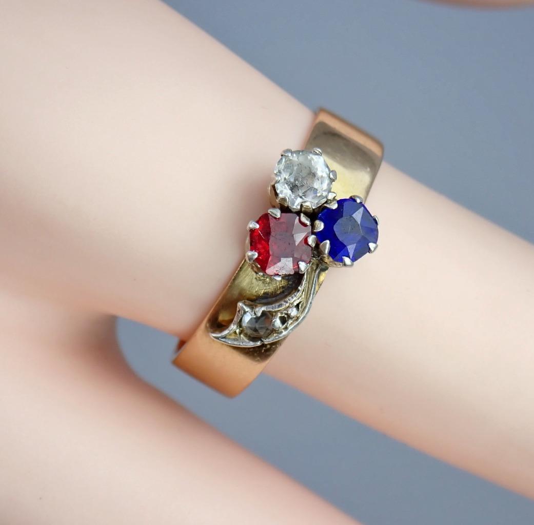Charming Antique Victorian 14K Rose Gold Red White Blue Paste Floral Ring Size 8